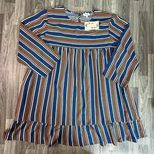 Velzera NWT 3XL Blue Multi Stripe Long Sleeve Ruffle Hem Tunic Dress Boho